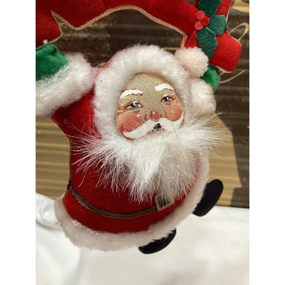 Vtg Santa Claus Red Velvet Plush Fur Xmas Hanging Tree Ornament W/ Noel Sign